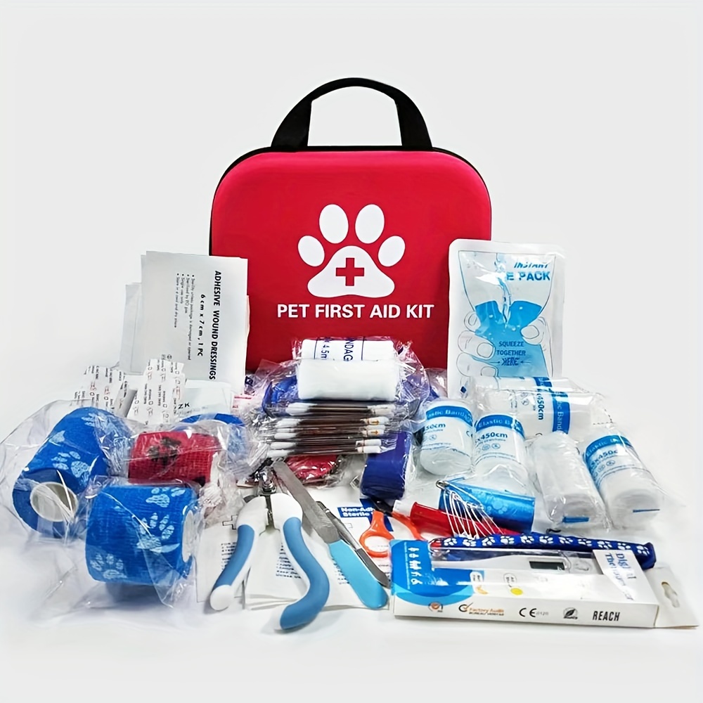 Pet Supplies First - 127 ชุดปฐมพยาบาลสําหรับสุนัขและแมวขนาดกะทัดรัดพร้อมอุปกรณ์ฉุกเฉินและคู่มือปฐมพยาบาลสําหรับสัตว์เลี้ยงสําหรับการเดินป่า ตั้งแคมป์ และล่าสัตว์