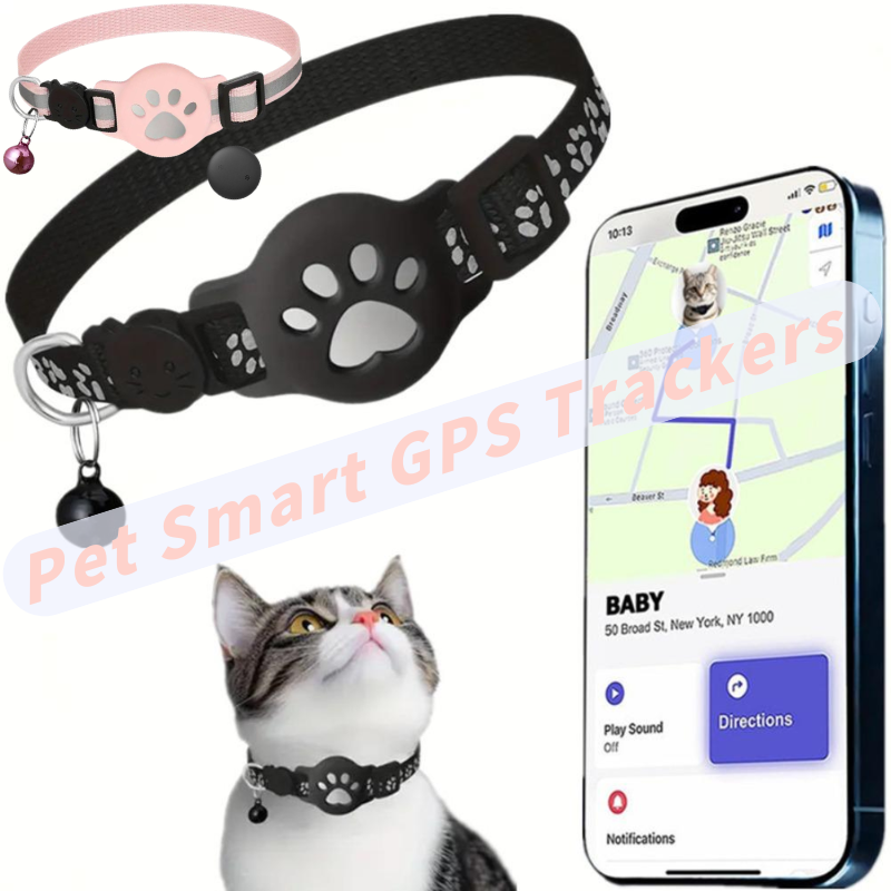 Pet Gps Tracker Collar - ปลอกคอแมวป้องกันการหายพร้อมกระดิ่งถอดได้ ลายอุ้งเท้า ทำจากไนลอน พร้อมช่องใส่ AirTag ปลอกคอแมวแบบมีช่องใส่