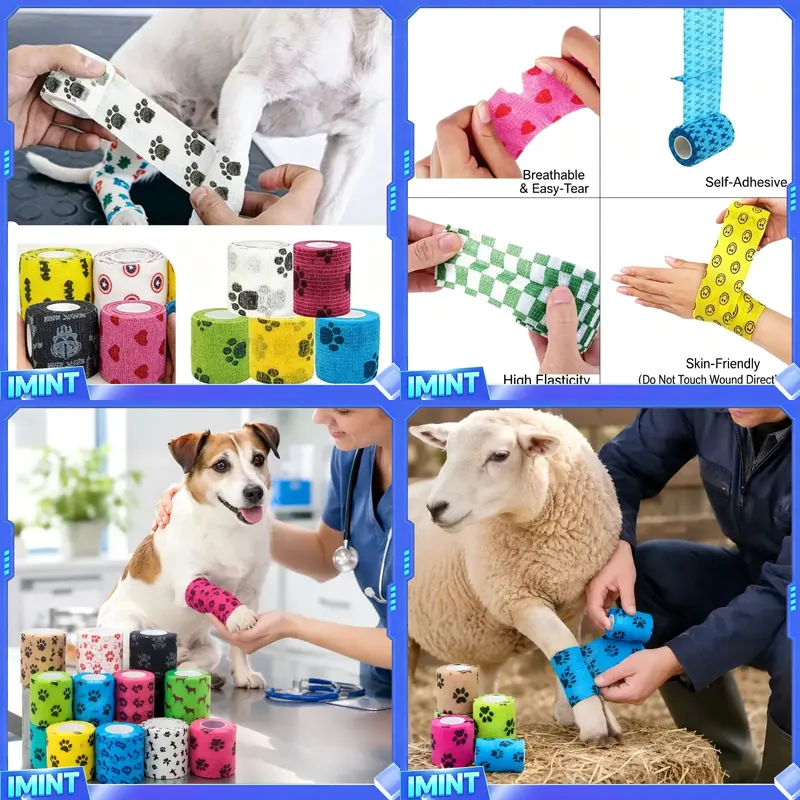 Pet Supplies First - ผ้าพันแผลพันเองแบบมีกาวในตัว ลายอุ้งเท้าสัตว์ ระบายอากาศได้ สำหรับสุนัขและแมว ใช้สำหรับดูแลบาดแผล อุปกรณ์ปฐมพยาบาลสัตว์เลี้ยง