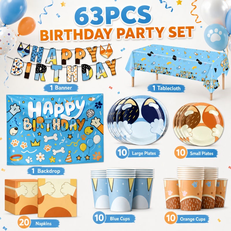 Pet Supplies In Bulk - ชุดอุปกรณ์ปาร์ตี้บลูด็อก ชุดจานชามการ์ตูนแบบใช้แล้วทิ้ง ขายส่งจำนวนมาก สำหรับงานวันเกิด งานโรงเรียน งานกิจกรรมในห้องเรียน