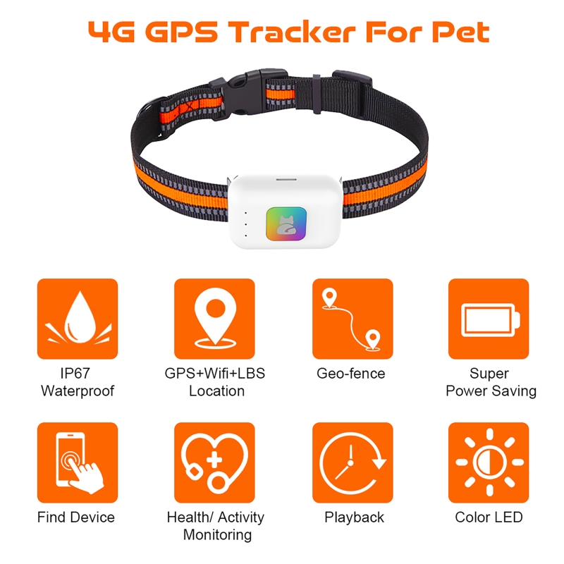 Pet Gps Tracker Collar - เครื่องติดตามสัตว์เลี้ยง GPS พร้อมไฟ LED สีสันสดใส ปลอกคอสัตว์เลี้ยงอัจฉริยะ